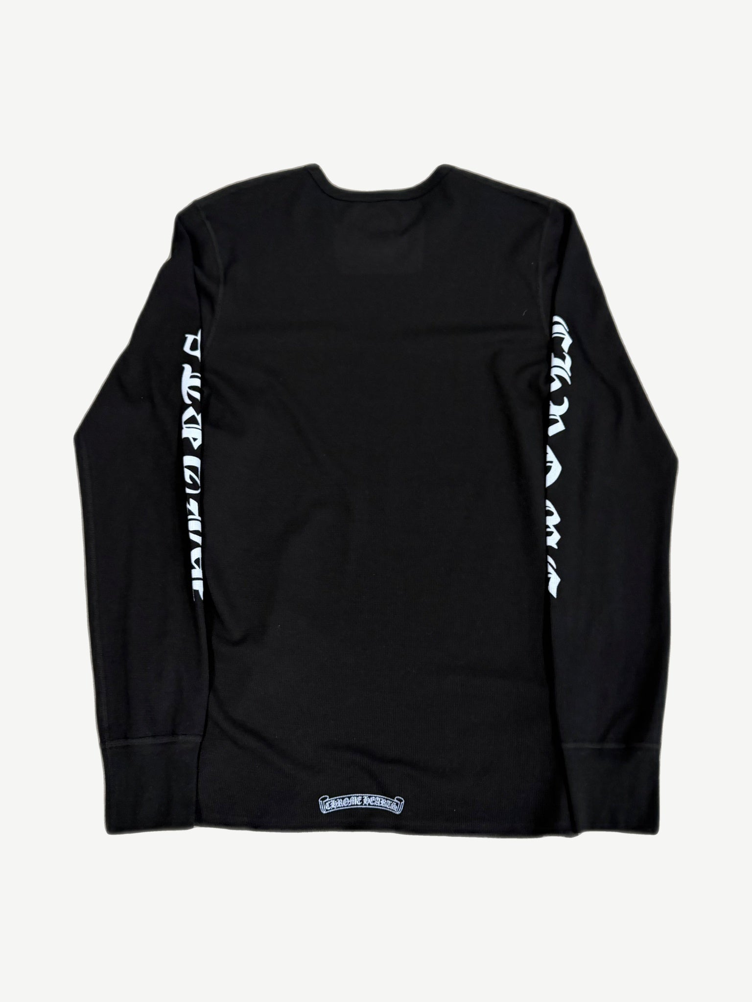 Chrome Hearts scroll logo thermal back view in black waffle knit showing gothic CHROME HEARTS back print.