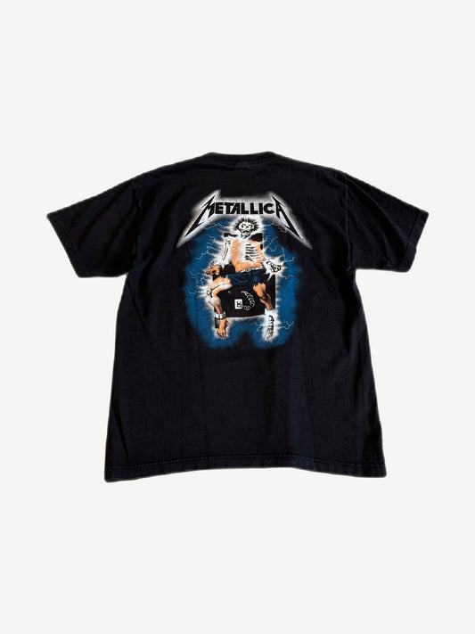 Vintage Metallica Ride the Lightning tee back view with large electric chair skeleton graphic print