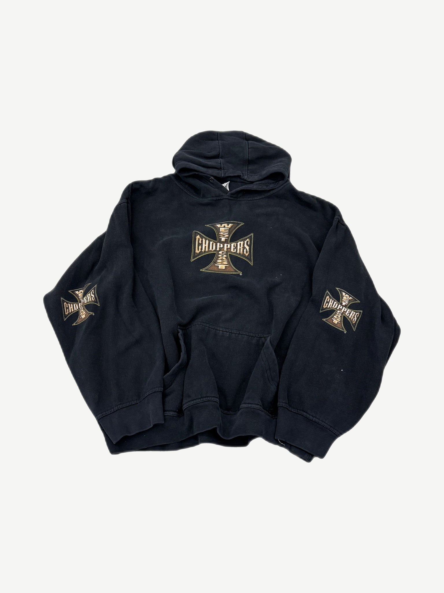 Vintage West Coast Choppers black hoodie front view with white iron cross logo across the chest.