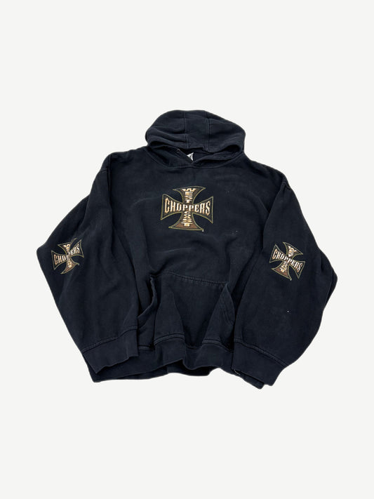 Vintage West Coast Choppers black hoodie front view with white iron cross logo across the chest.