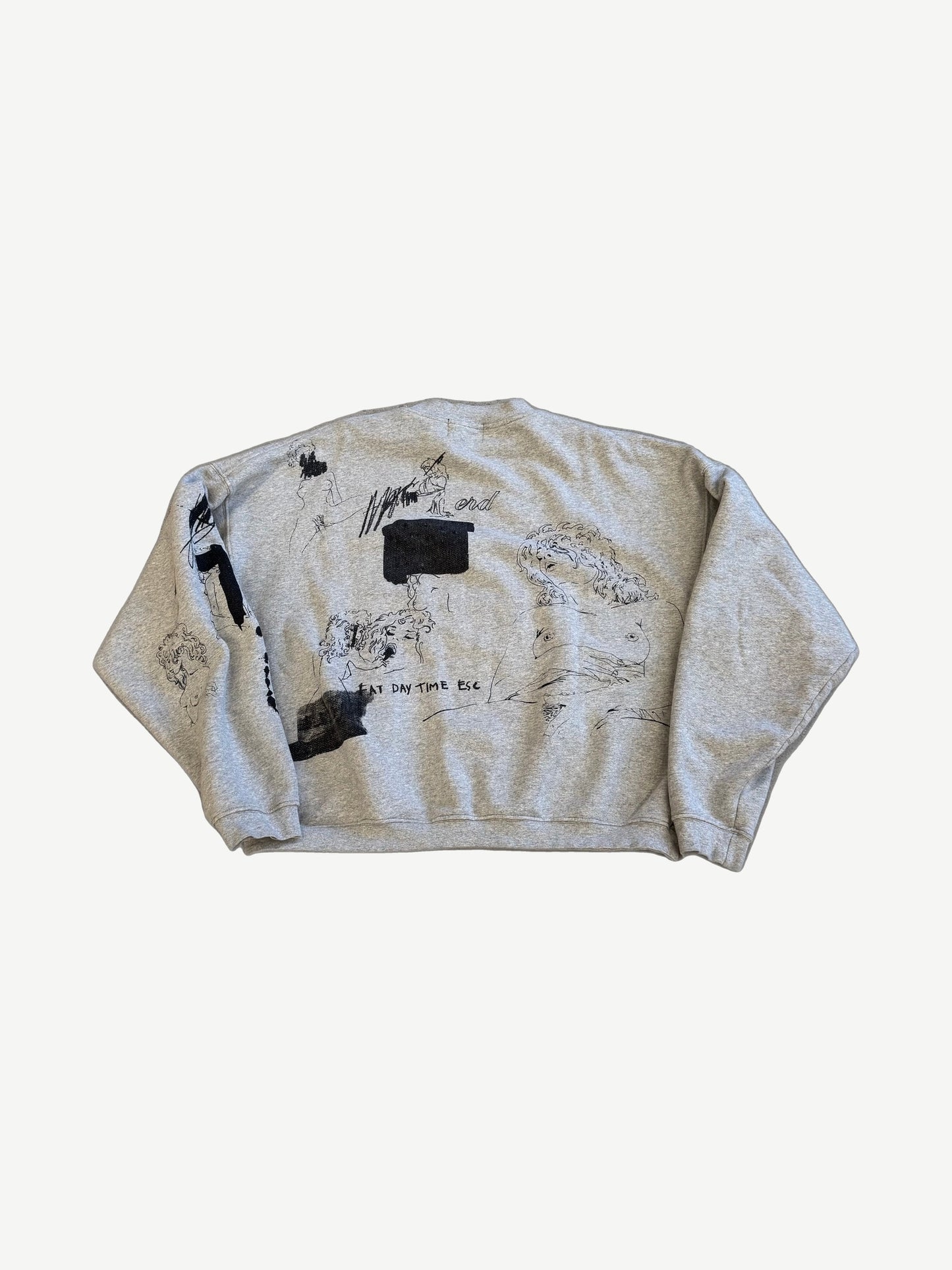 ERD Oceanic crewneck back view, washed blue heavyweight cotton with ribbed crew collar and dropped shoulders.