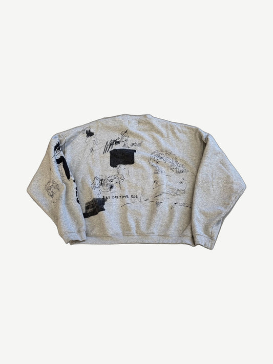 ERD Oceanic crewneck back view, washed blue heavyweight cotton with ribbed crew collar and dropped shoulders.