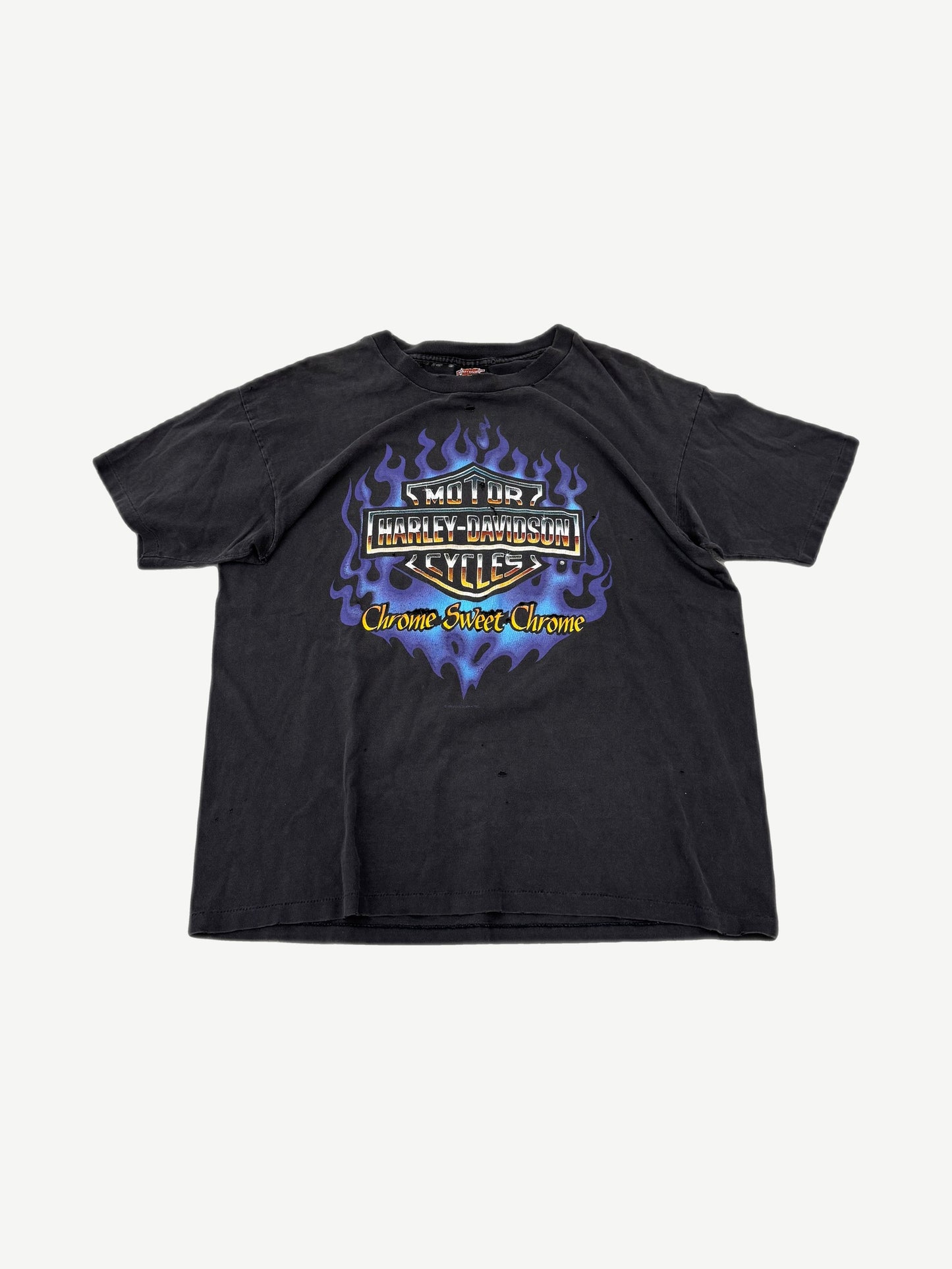 Vintage Harley Davidson black tee with Chrome Sweet Chrome bar and shield logo in blue flames