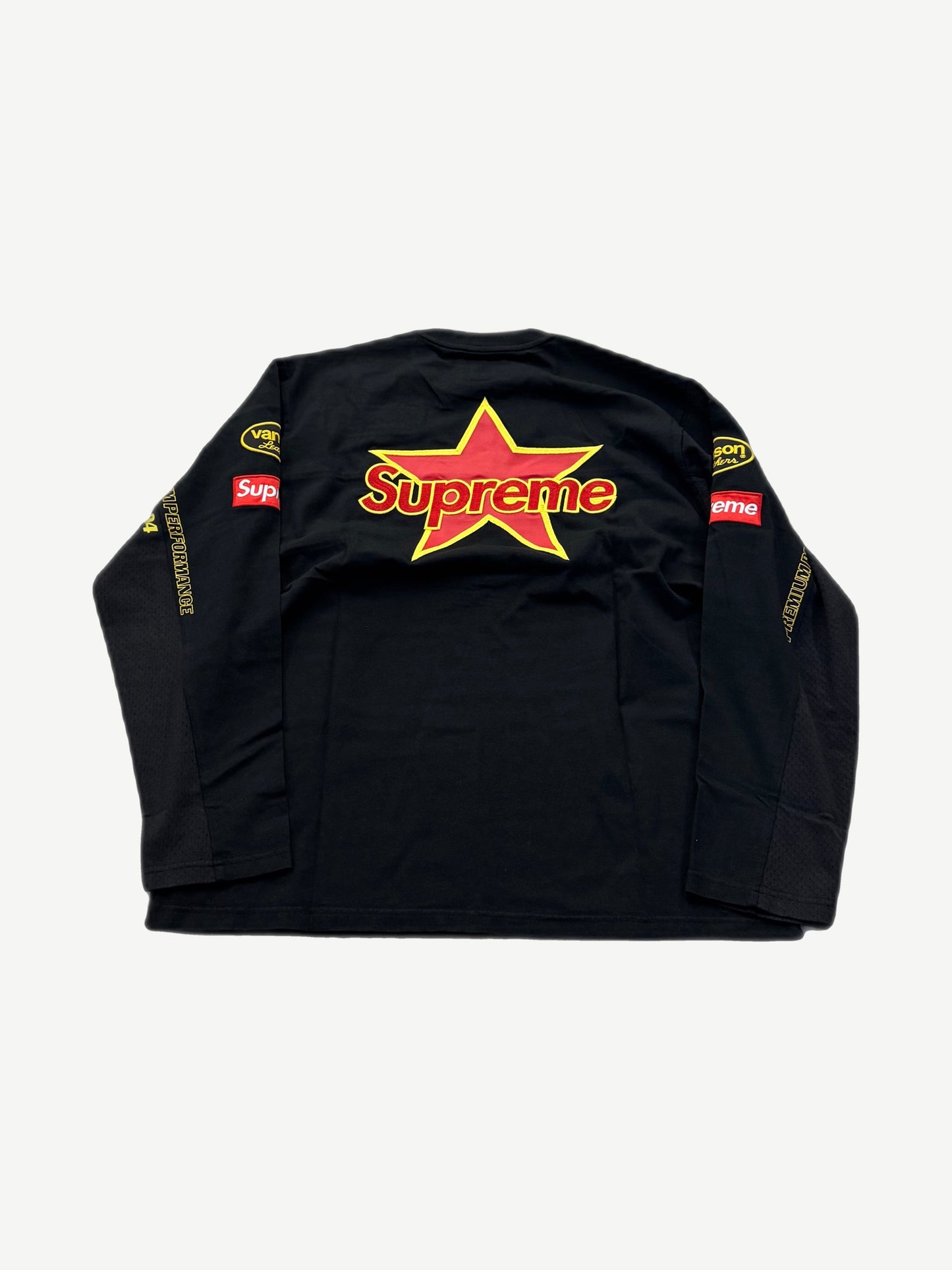 Supreme Vanson Leathers black longsleeve back, full panel collab print with bike-club typography