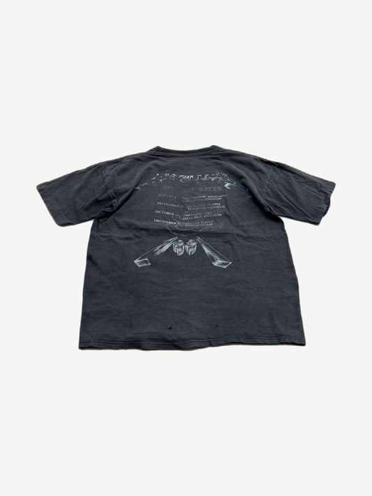 Vintage Metallica faded black tour tee back view with chrome tour date list and coffin graphic