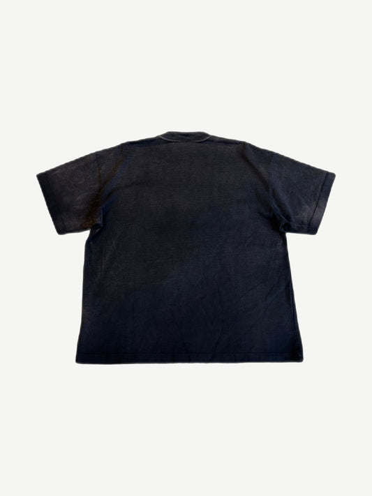 Satoshi Nakamoto washed black short-sleeve tee back view with blank reverse panel and soft fade.
