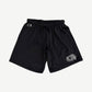 Chrome Hearts black mesh shorts front view with drawstring waist, horseshoe and cross logos, white gothic CH on left leg.