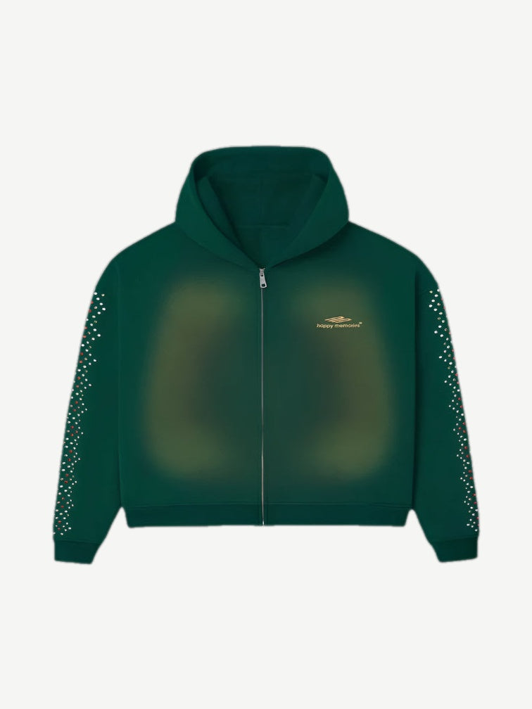 Happy Memories Don't Die HMDD green zip-up hoodie with crystal-embellished chest logo graphic
