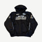 Supreme black football zip up hooded sweatshirt front view with chest patches and contrast trim.