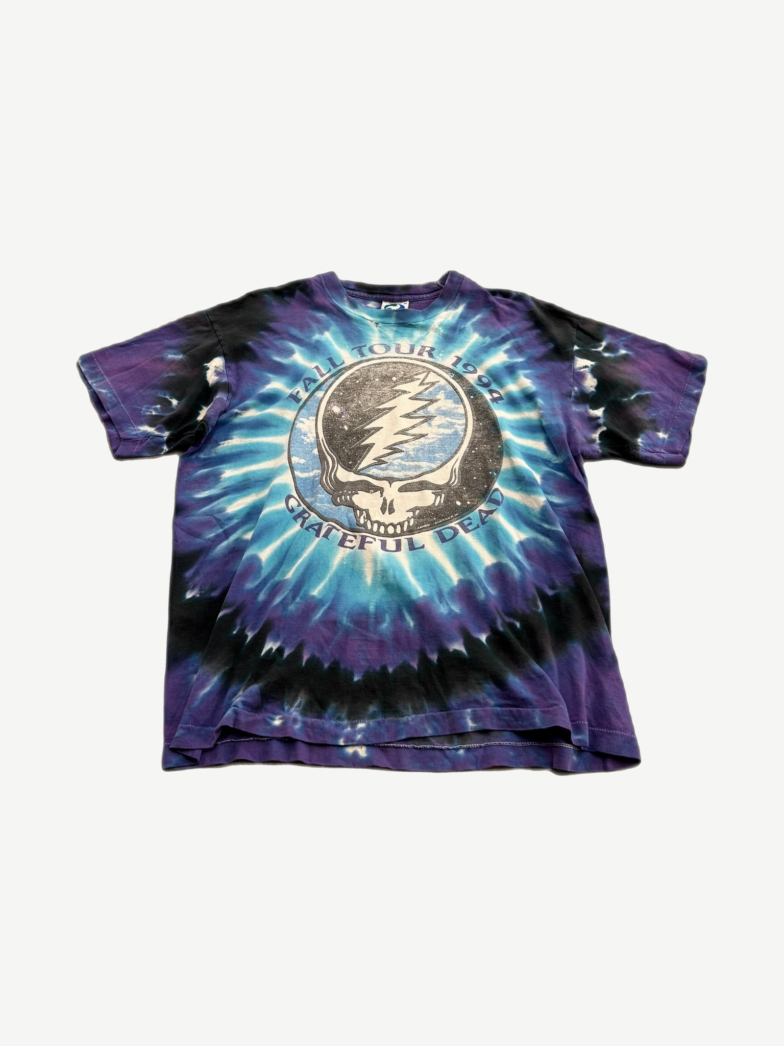 Vintage Grateful Dead Fall Tour tie-dye band tee with dancing bears graphic on swirled cotton