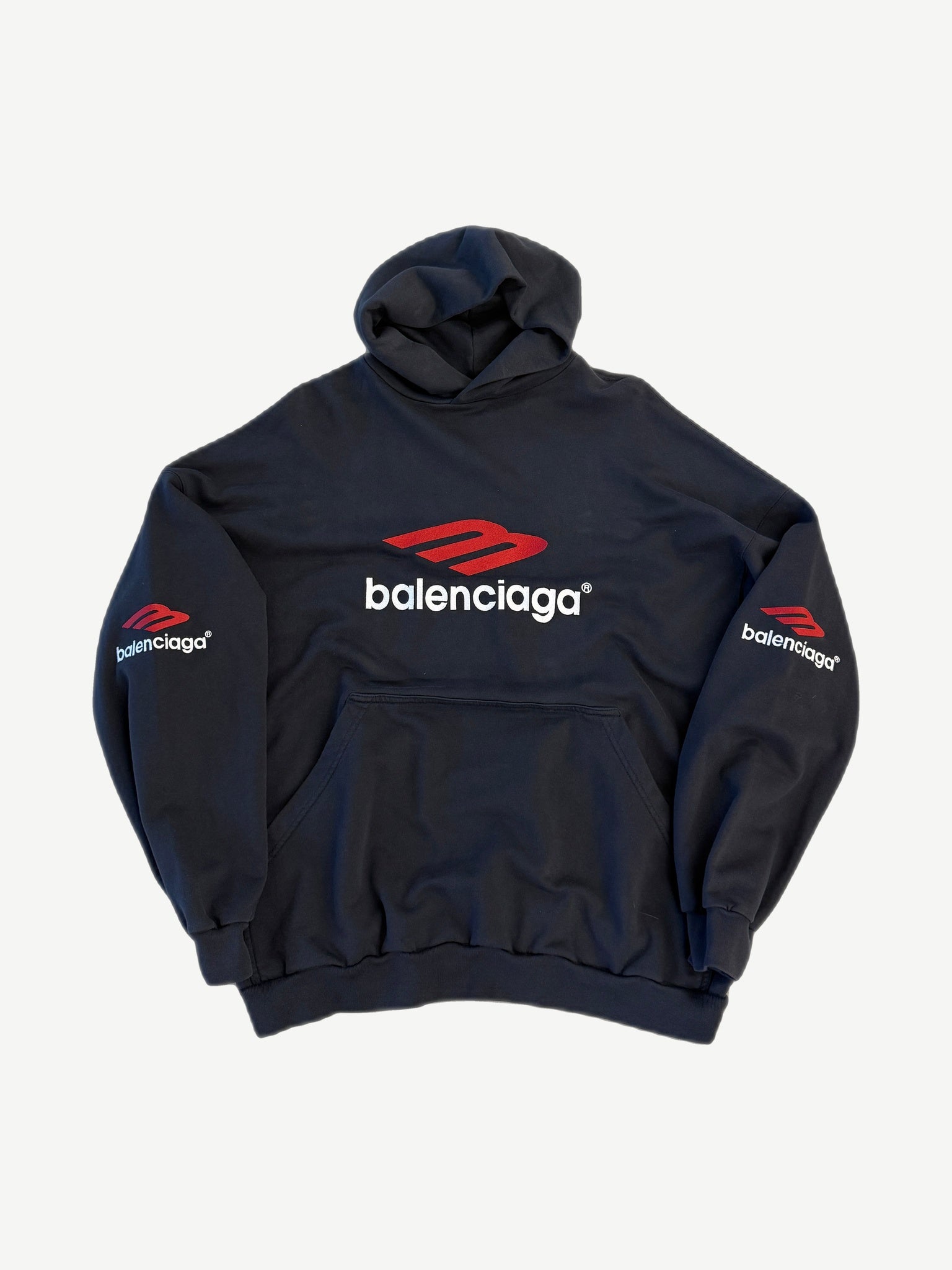 Balenciaga 3B Sports Icon black zip-up hoodie with white logo and red crest patch front