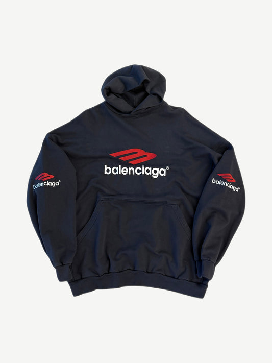 Balenciaga 3B Sports Icon black zip-up hoodie with white logo and red crest patch front