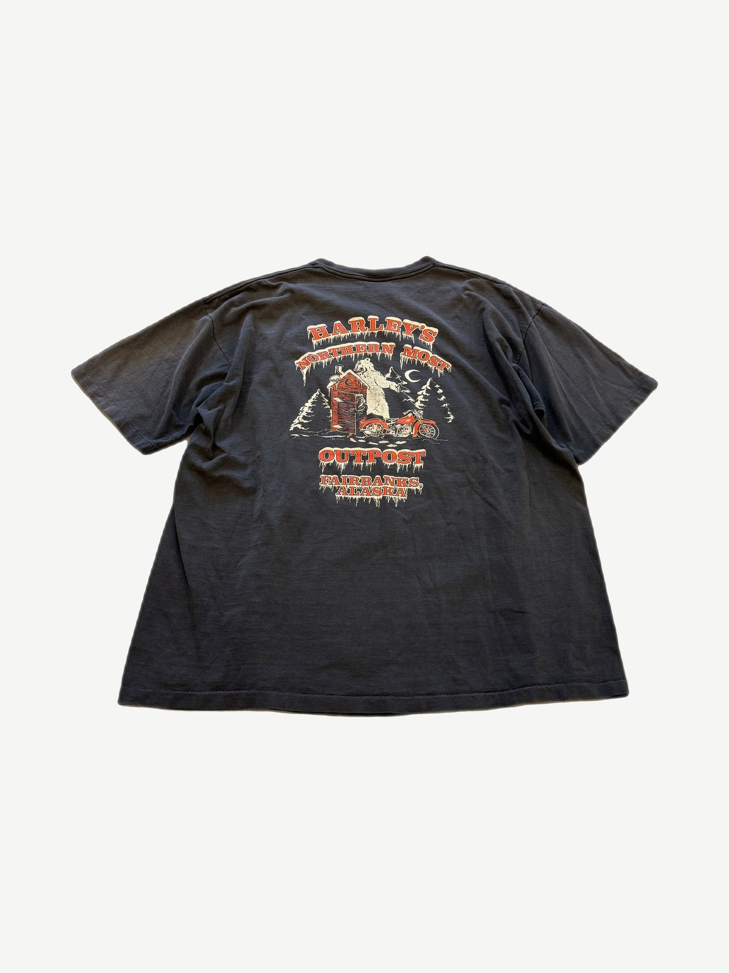 Vintage Harley Davidson black tee back with red Northernmost Outpost Fairbanks Alaska bear and outhouse print