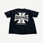 Back of West Coast Choppers black tee with large white iron cross logo and Long Beach CA text print.