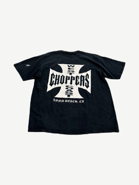 Back of West Coast Choppers black tee with large white iron cross logo and Long Beach CA text print.