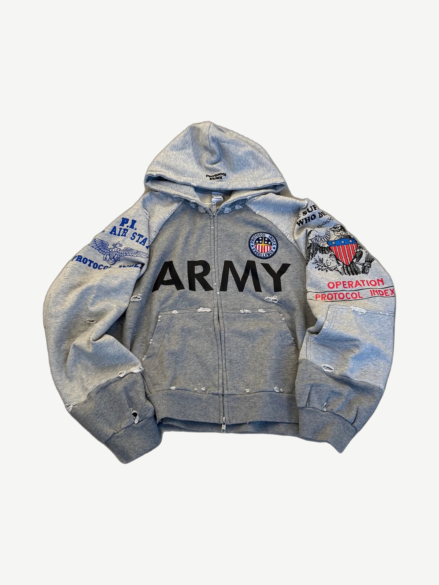 Protocol Index melange grey reconstructed zip-up hoodie with Army chest print and Operation patches on sleeves