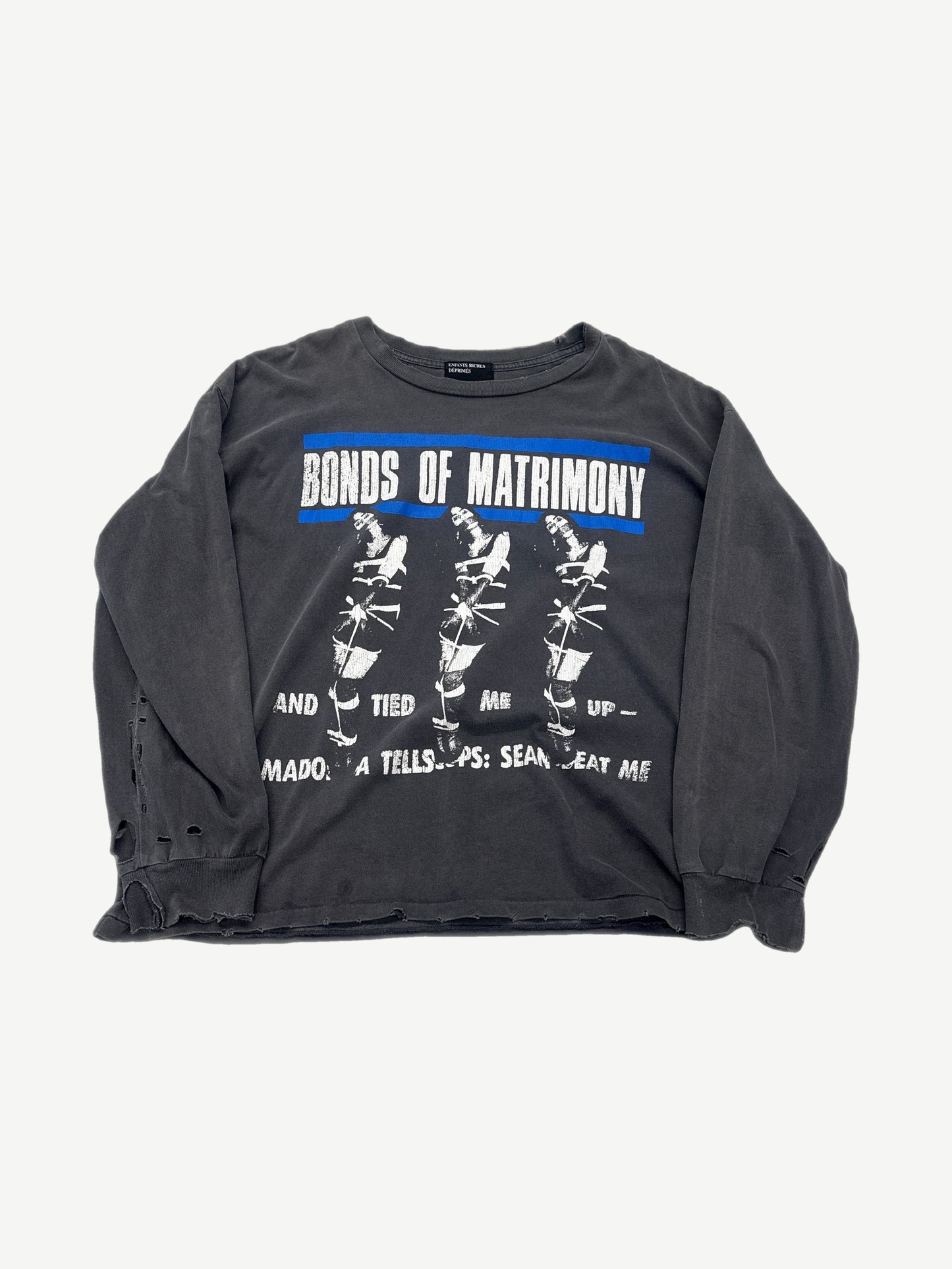 Enfants Riches Deprimes faded black longsleeve with Bonds of Matrimony graphic and distressed thrashed hem.