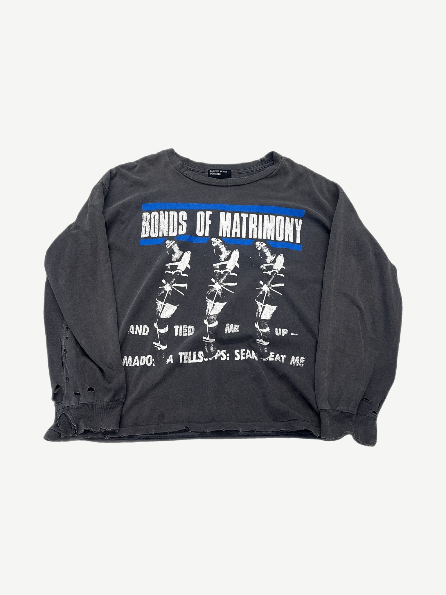 Enfants Riches Deprimes faded black longsleeve with Bonds of Matrimony graphic and distressed thrashed hem.