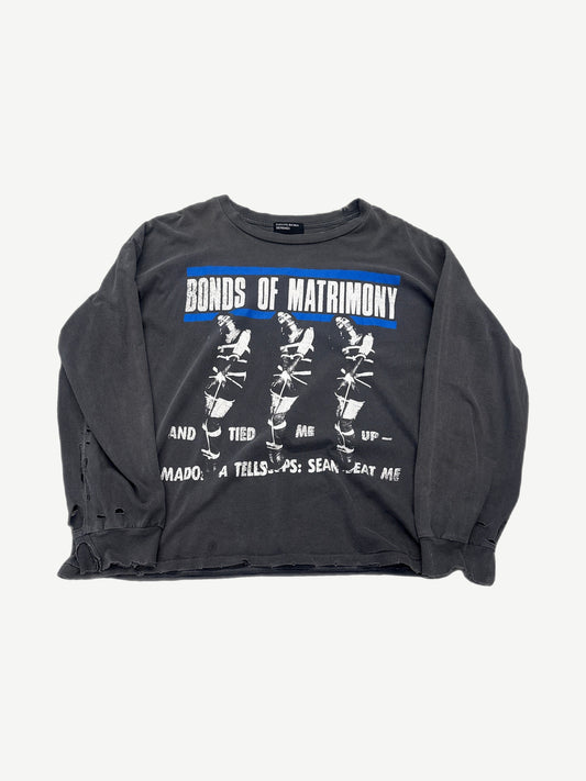 Enfants Riches Deprimes faded black longsleeve with Bonds of Matrimony graphic and distressed thrashed hem.