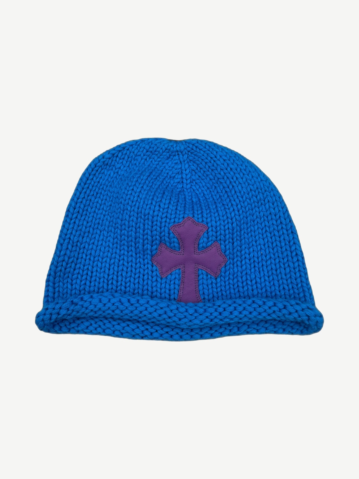 Chrome Hearts royal blue chunky cashmere knit beanie with purple leather cross dagger patch on front.