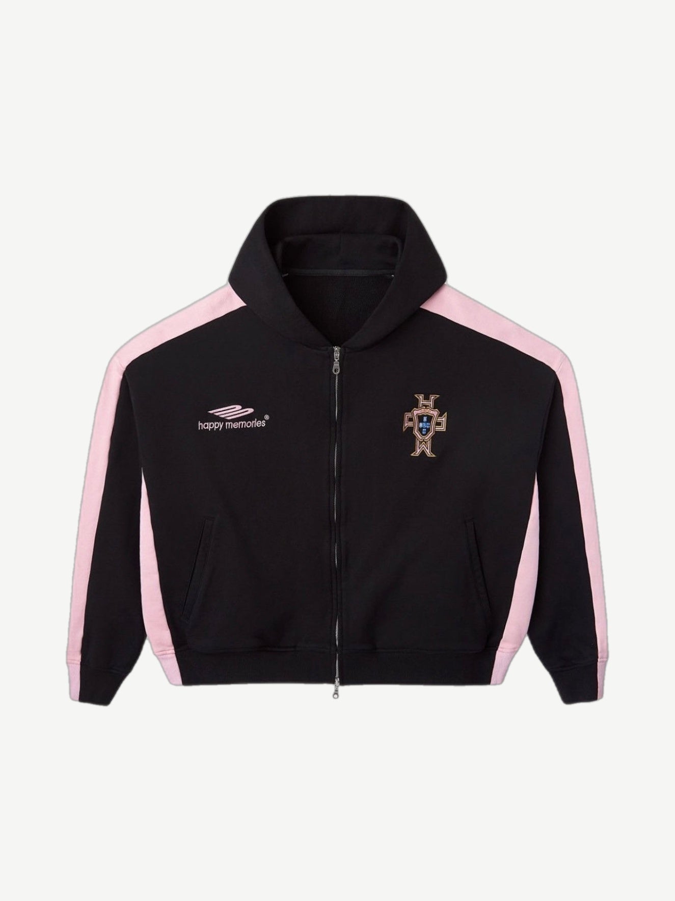 Happy Memories Don't Die black zip-up hoodie with pink shoulder stripes and Portugal crest embroidery