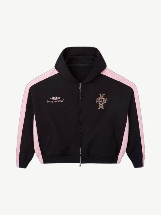 Happy Memories Don't Die black zip-up hoodie with pink shoulder stripes and Portugal crest embroidery