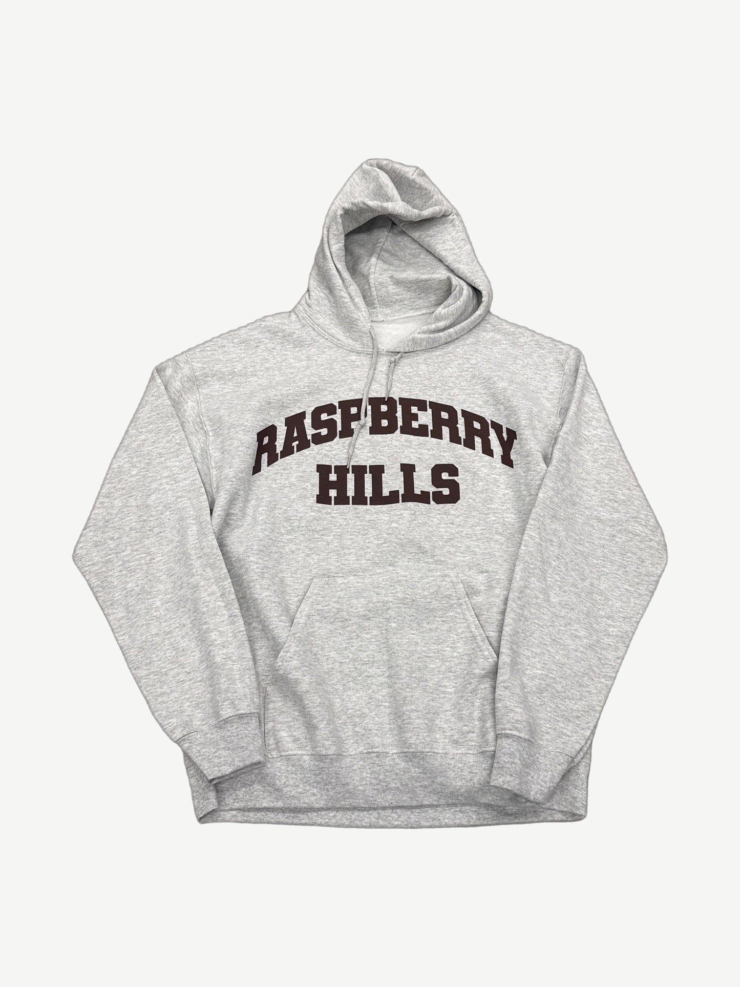 GV Gallery Raspberry Hills gray hoodie front, embroidered chest logo and drawstring hood