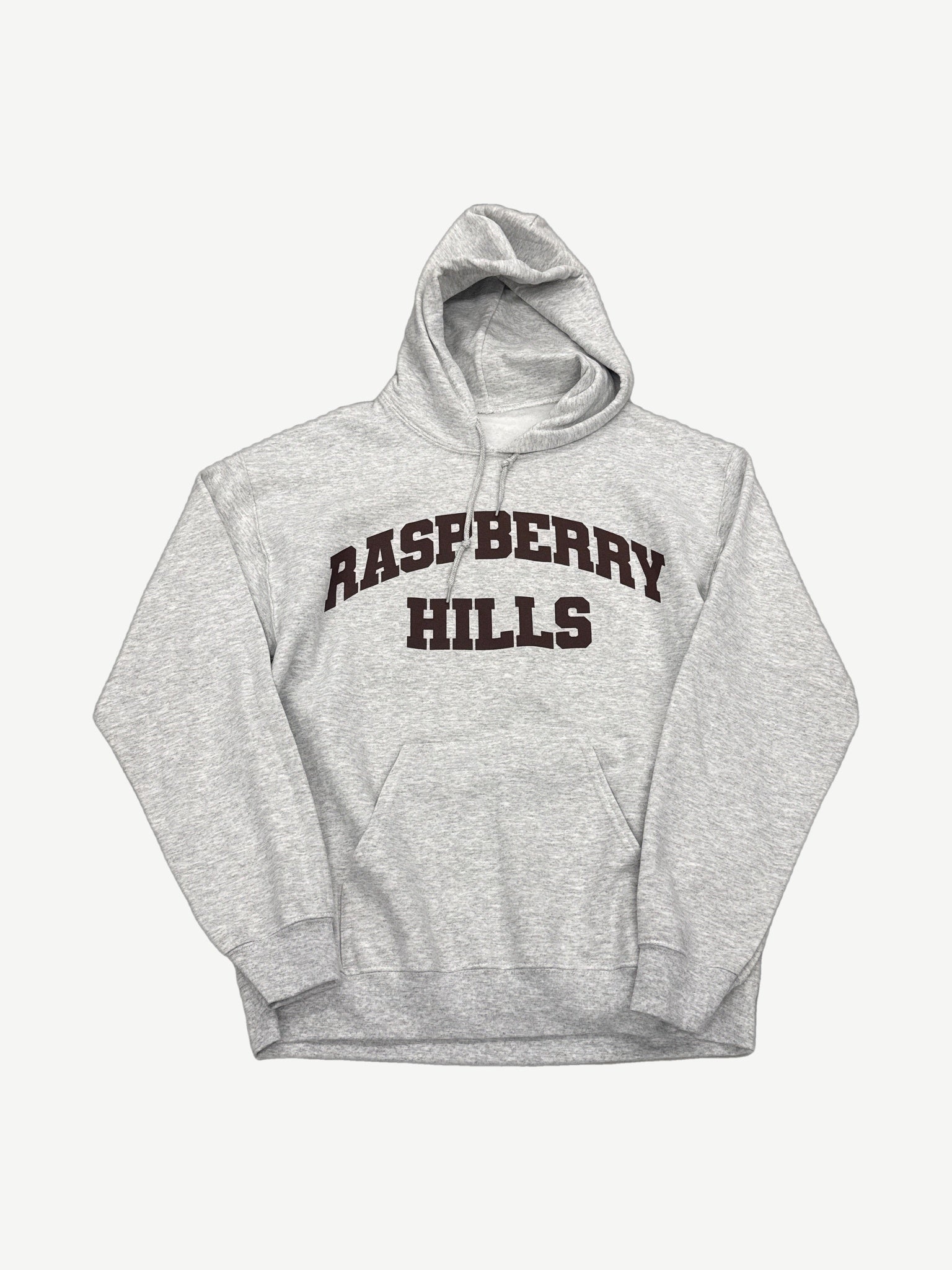 GV Gallery Raspberry Hills gray hoodie front, embroidered chest logo and drawstring hood
