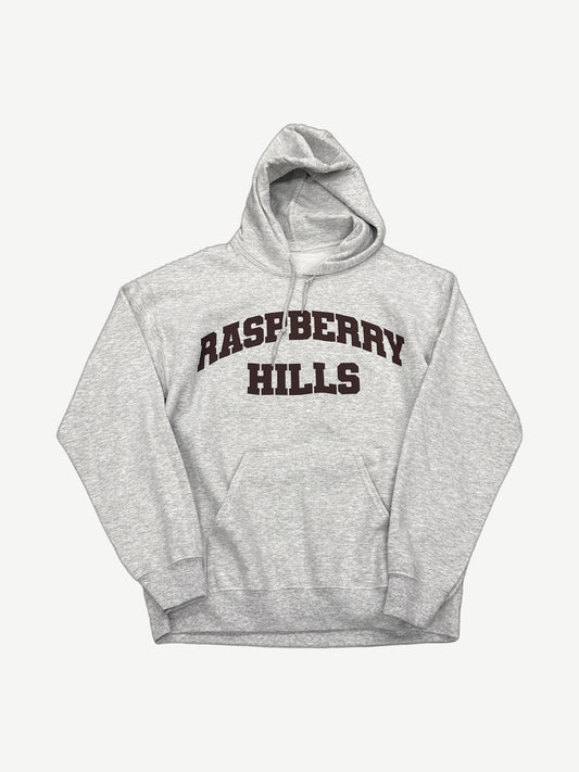 GV Gallery Raspberry Hills gray hoodie front, embroidered chest logo and drawstring hood
