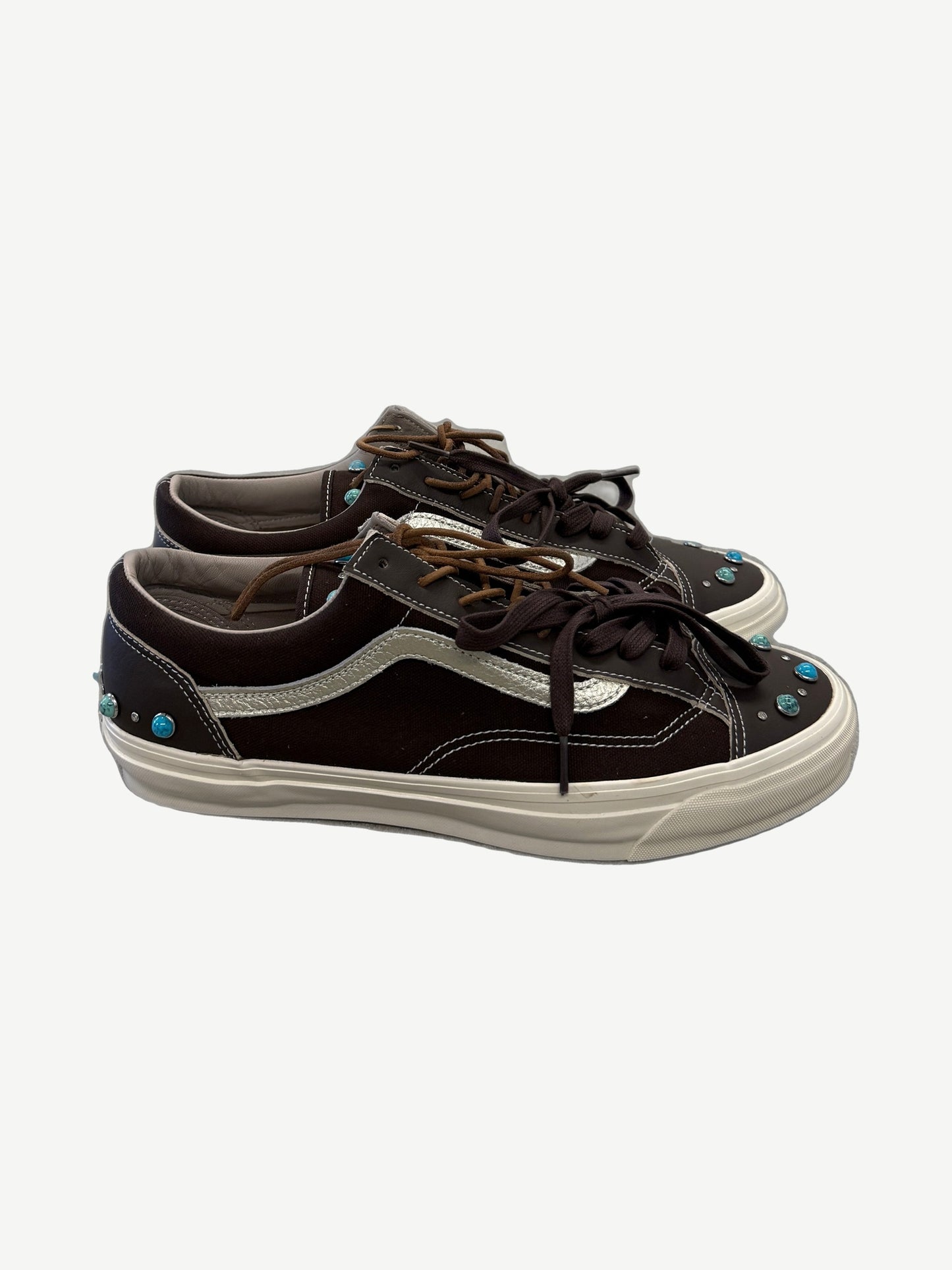 Vans Vault LX Old Skool 36 Gemstone Mushroom sneaker side view with taupe suede upper and jazz stripe