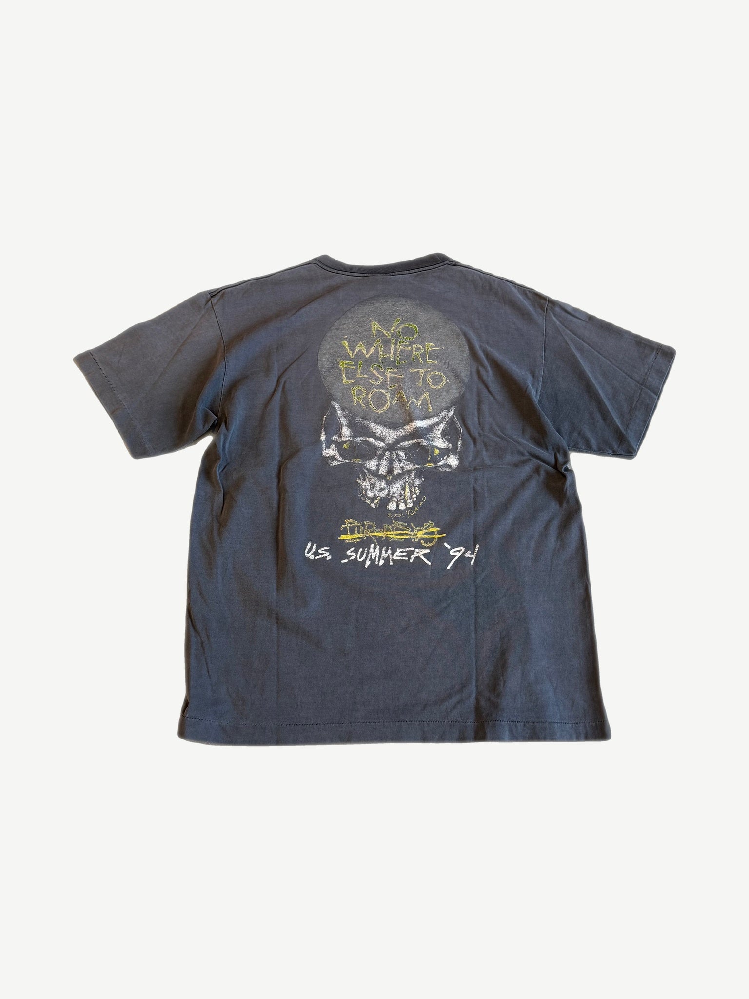 Vintage Metallica Pushead tee back view with skull, Nowhere Else to Roam text and US Summer 94 print