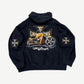 West Coast Choppers black hoodie back graphic showing chopper motorcycle and gothic brand lettering.