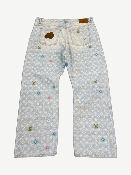 Louis Vuitton Tyler the Creator monogram denim jeans, back view with LV monogram weave and five-pocket cut.