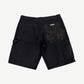 Chrome Hearts black carpenter shorts back view flooded with black leather cross patches on right pocket and panel