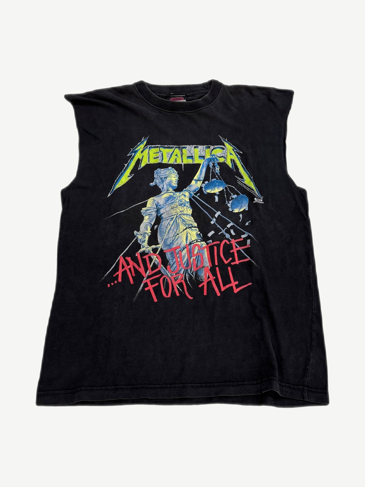 Vintage Metallica And Justice For All black cutoff tee front with Lady Justice statue and red splatter text.