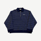 Miu Miu navy and white striped halfzip polo sweatshirt with embroidered Miu Miu logo on the chest.