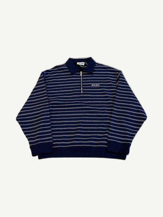 Miu Miu navy and white striped halfzip polo sweatshirt with embroidered Miu Miu logo on the chest.