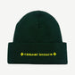 Chrome Hearts forest green beanie reverse side with yellow gothic Chrome Hearts text and cross emblems on cuff