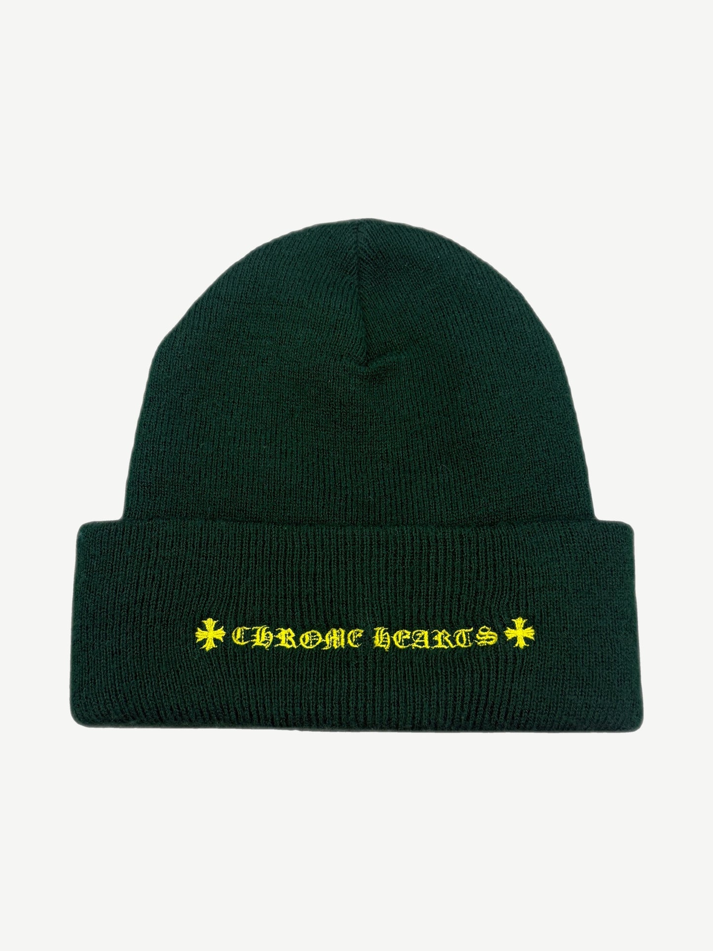 Chrome Hearts forest green beanie reverse side with yellow gothic Chrome Hearts text and cross emblems on cuff