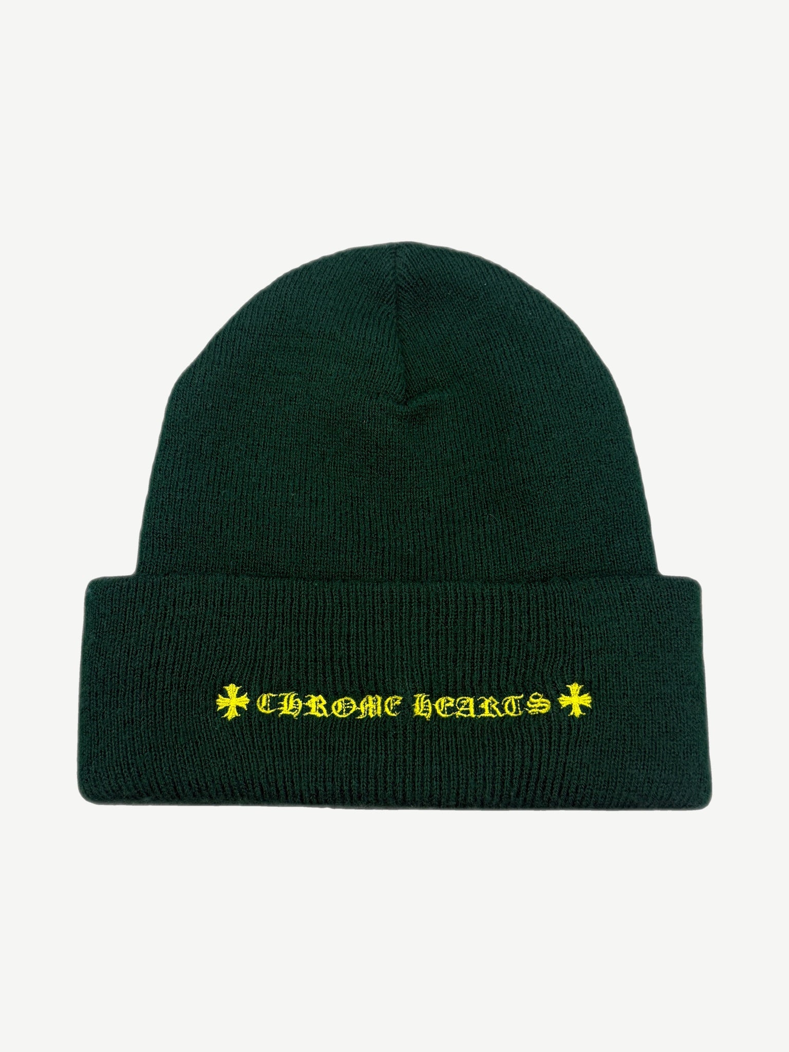 Chrome Hearts forest green beanie reverse side with yellow gothic Chrome Hearts text and cross emblems on cuff