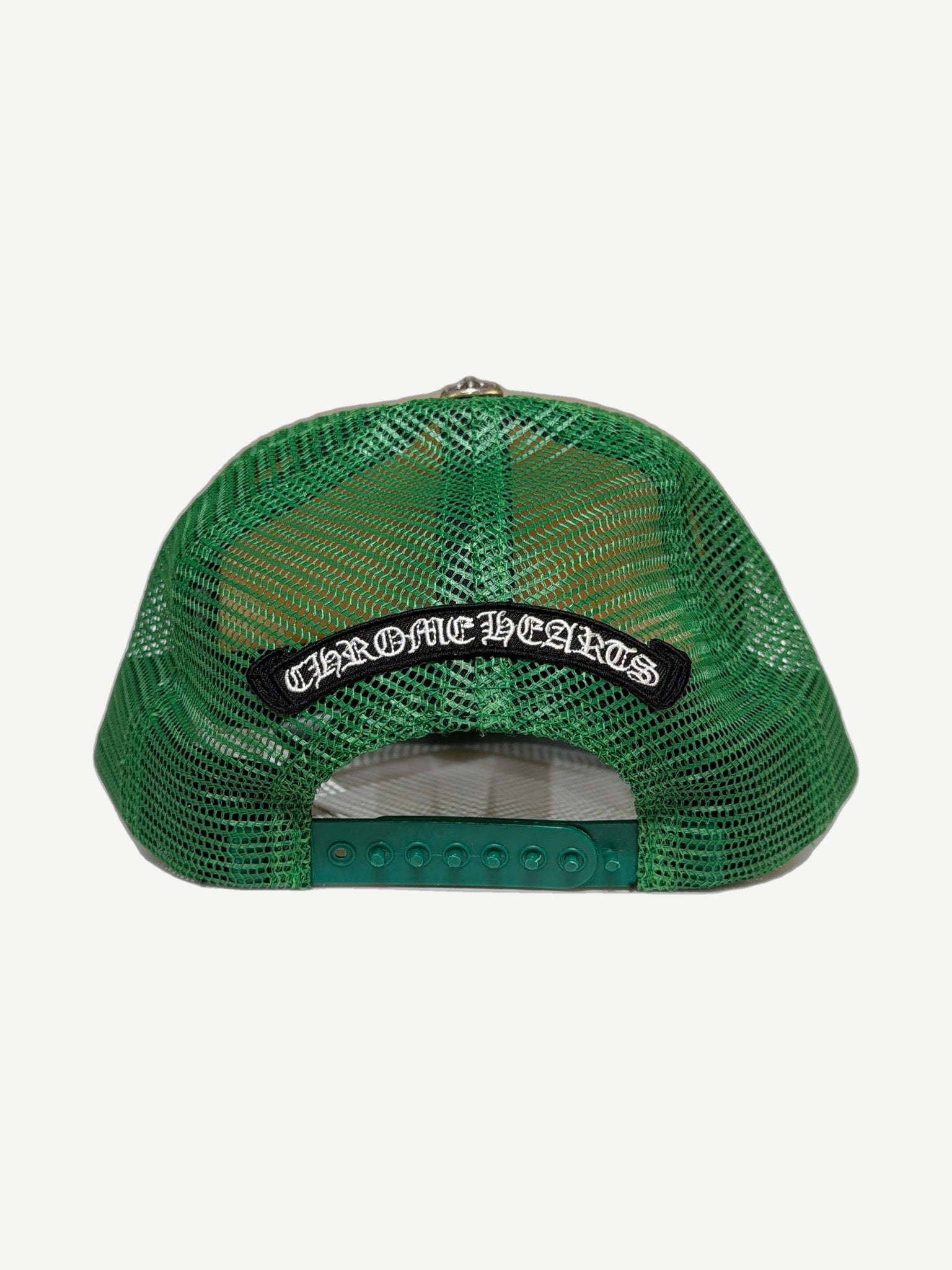Back view of Chrome Hearts Matty Boy trucker hat with green mesh paneling and embroidered gothic Chrome Hearts patch