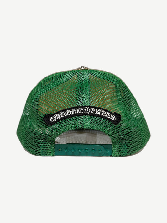 Back view of Chrome Hearts Matty Boy trucker hat with green mesh paneling and embroidered gothic Chrome Hearts patch