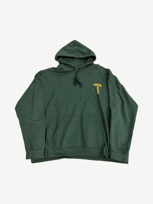 Chrome Hearts green T-Bar hoodie with orange Chrome Hearts horseshoe chest emblem and cross sleeve graphics.