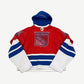Murd333r FM Swamp Angels red, blue and white hockey jersey hoodie with rhinestone 333 crest, front.
