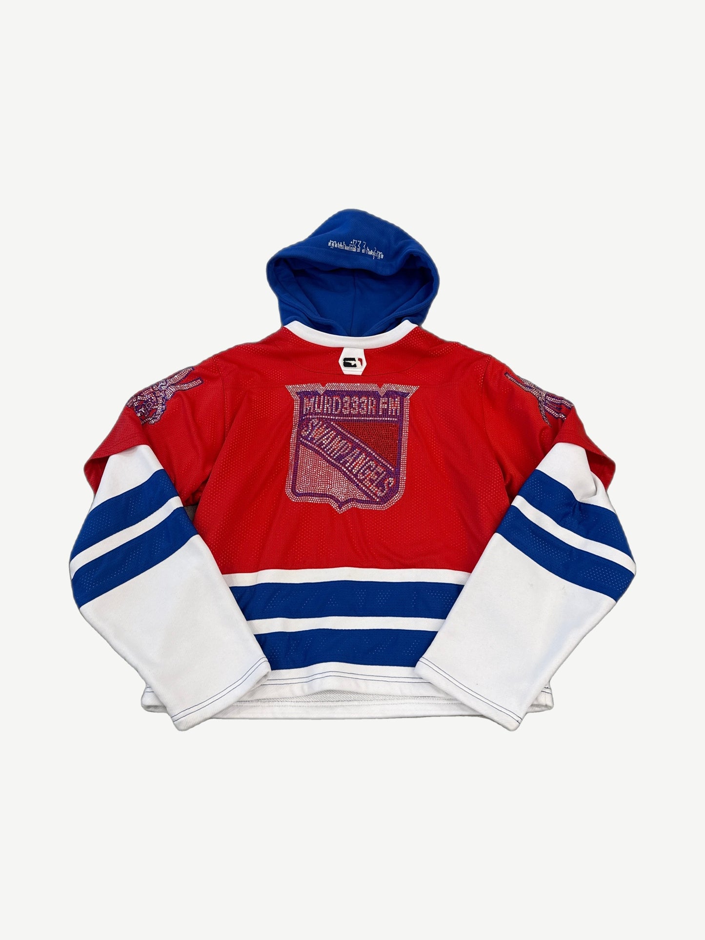 Murd333r FM Swamp Angels red, blue and white hockey jersey hoodie with rhinestone 333 crest, front.