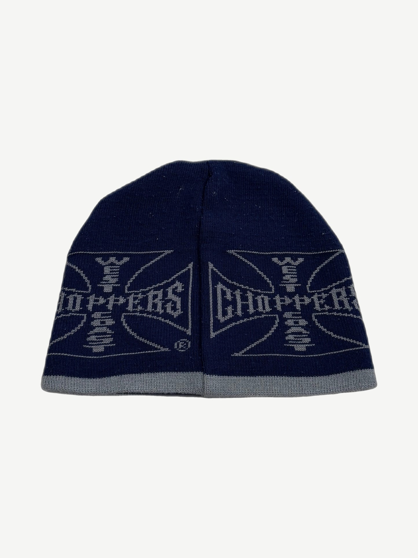 Vintage West Coast Choppers navy beanie reverse with repeating gray Maltese cross logo print