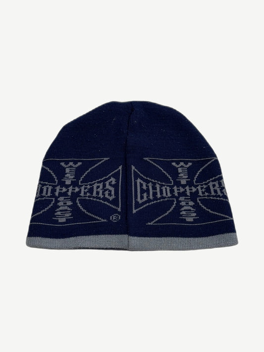 Vintage West Coast Choppers navy beanie reverse with repeating gray Maltese cross logo print