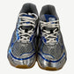 Bottega Veneta Orbit sneakers front view, silver mesh upper with white laces and blue trim, gum sole