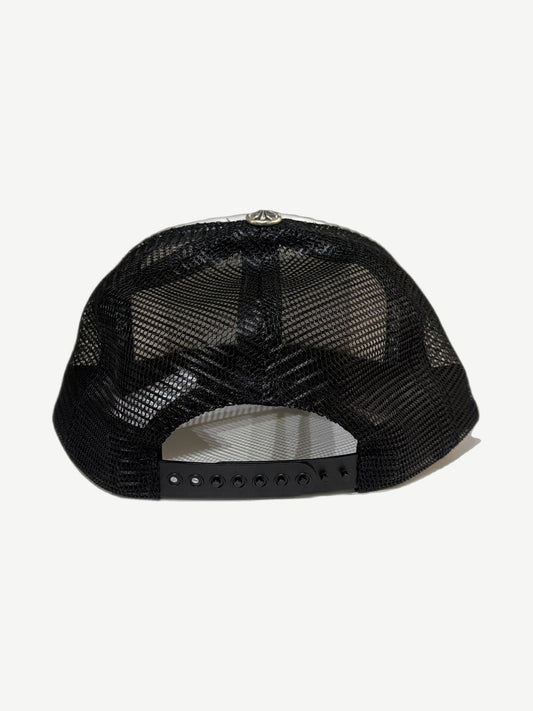 Chrome Hearts trucker hat rear view with black mesh paneling, snapback closure and silver cross top button