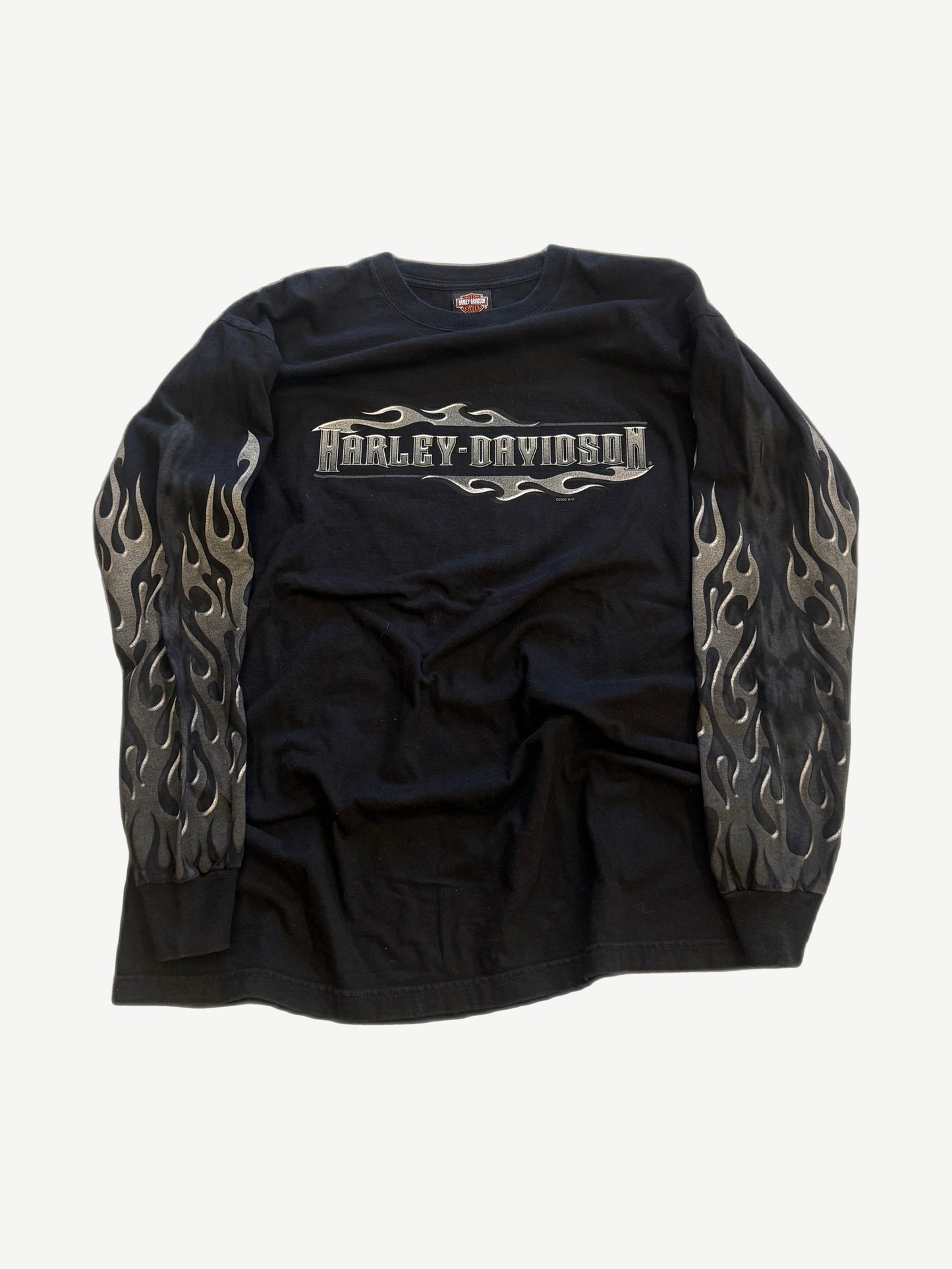 Vintage Harley Davidson black longsleeve with silver flame chest logo and metallic flame prints down both sleeves
